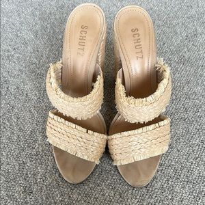 SCHUTZ Tan Wedge Sandals with Natural Woven Straps